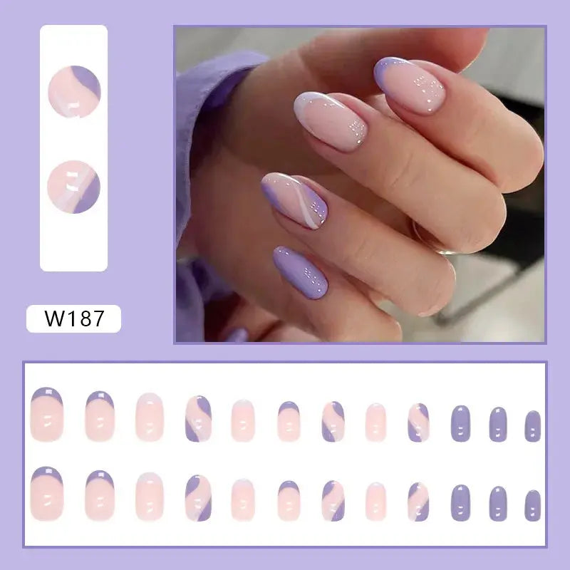 24pcs/Box Ballerina Nail Tip Purple with Design Manicure Patches Fresh Floral Almond False Nails Press on Med Nails Detachable - Streetsharks