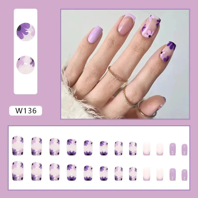 24pcs/Box Ballerina Nail Tip Purple with Design Manicure Patches Fresh Floral Almond False Nails Press on Med Nails Detachable - Streetsharks