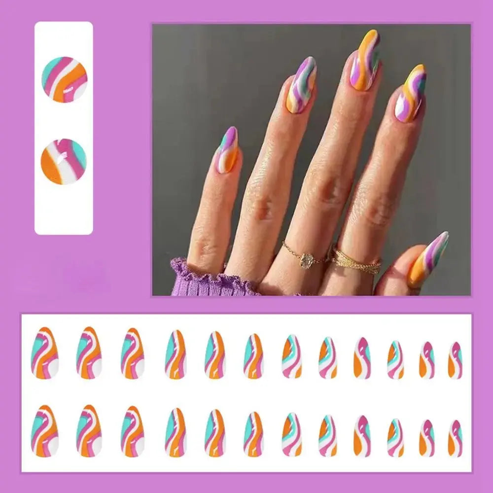 24pcs/Box Ballerina Nail Tip Purple with Design Manicure Patches Fresh Floral Almond False Nails Press on Med Nails Detachable - Streetsharks