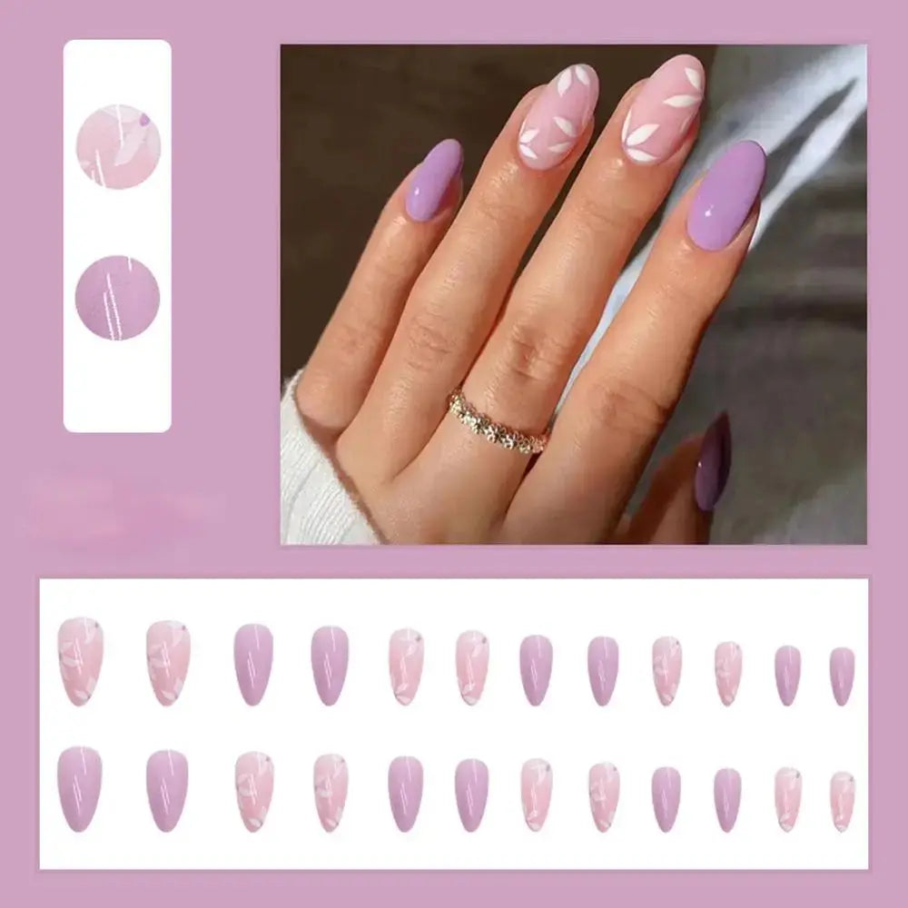 24pcs/Box Ballerina Nail Tip Purple with Design Manicure Patches Fresh Floral Almond False Nails Press on Med Nails Detachable - Streetsharks