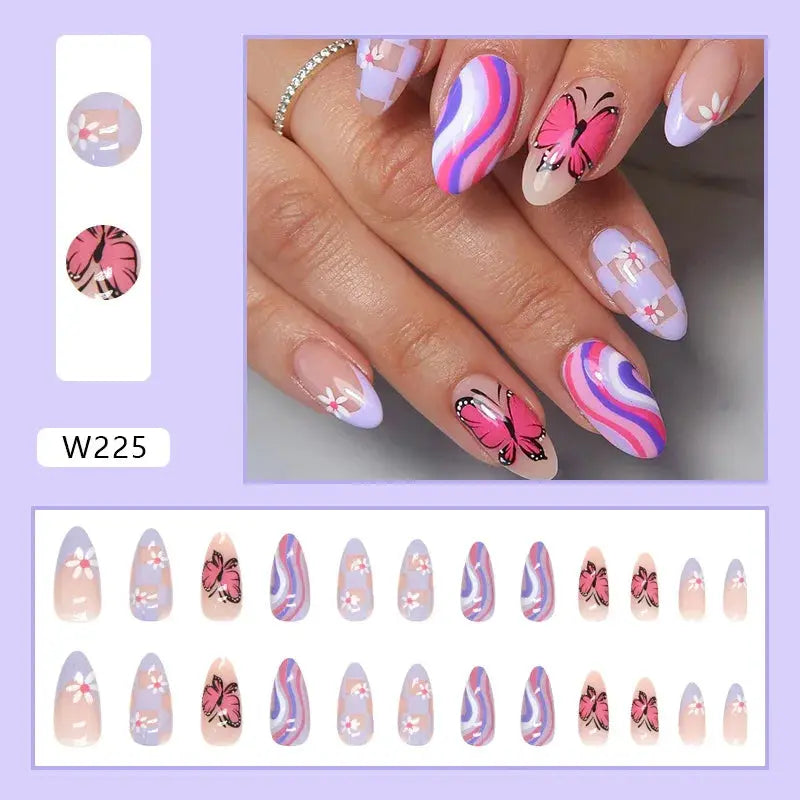 24pcs/Box Ballerina Nail Tip Purple with Design Manicure Patches Fresh Floral Almond False Nails Press on Med Nails Detachable - Streetsharks