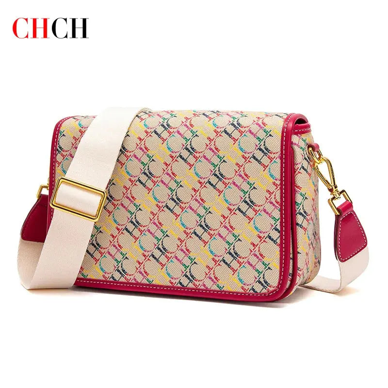 CHCH Women's Saddle Bag 2024 New Brand Letter Printed Flap Cross Shoulder Bag Retro Wide Shoulder Strap Single Shoulder Bag Streetsharks