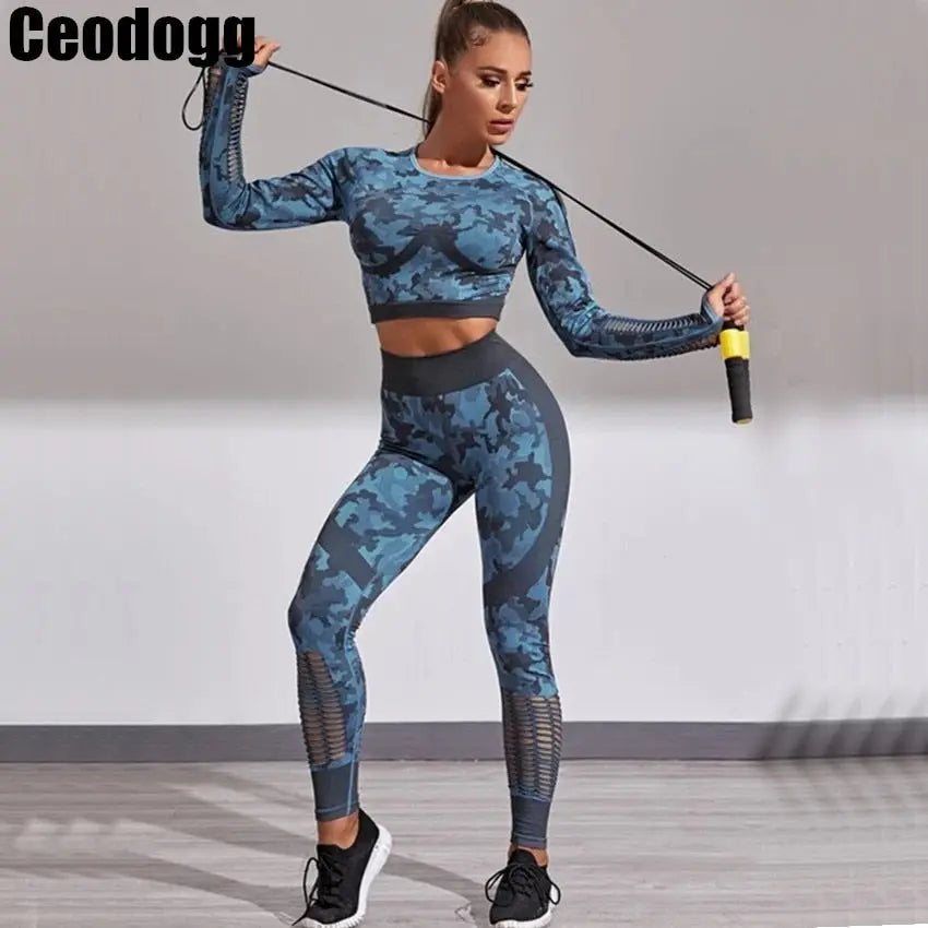 Camouflage Set Women Yoga Suit Sport Set Gym Workout Clothes Long Sleeve Fitness Streetsharks