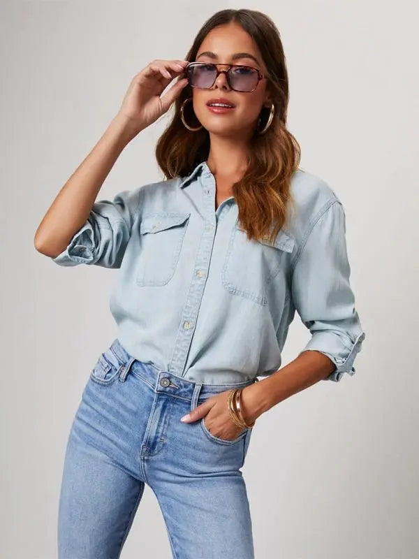 Casual lapel single-breasted long-sleeved denim shirt kakaclo