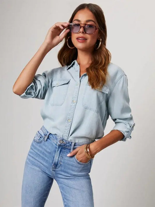 Casual lapel single-breasted long-sleeved denim shirt kakaclo