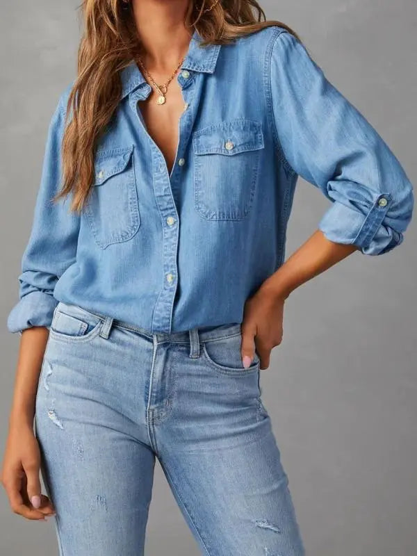 Casual lapel single-breasted long-sleeved denim shirt kakaclo