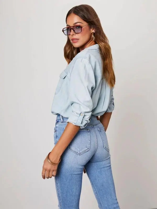 Casual lapel single-breasted long-sleeved denim shirt kakaclo