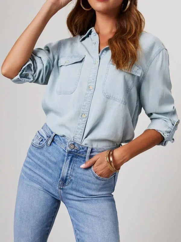 Casual lapel single-breasted long-sleeved denim shirt kakaclo