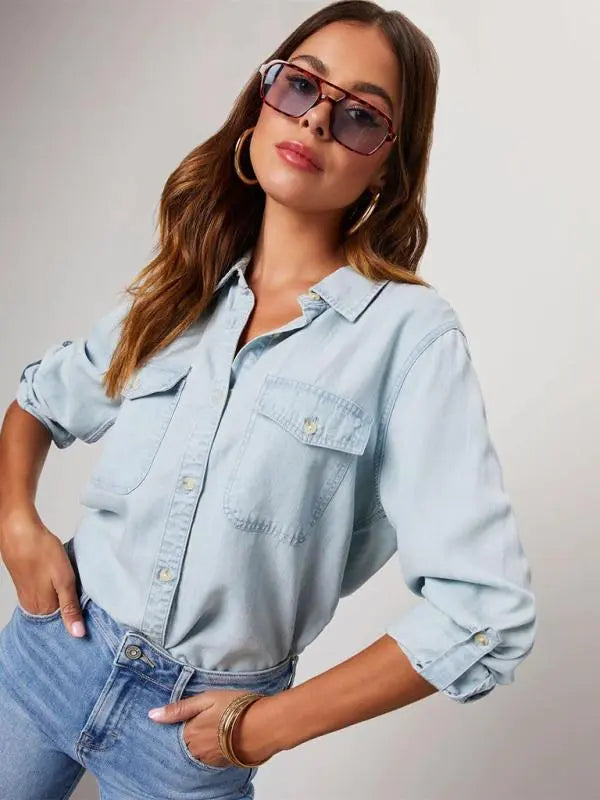 Casual lapel single-breasted long-sleeved denim shirt kakaclo