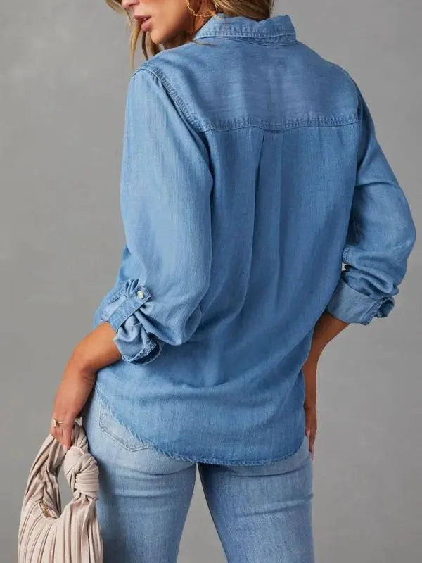 Casual lapel single-breasted long-sleeved denim shirt kakaclo