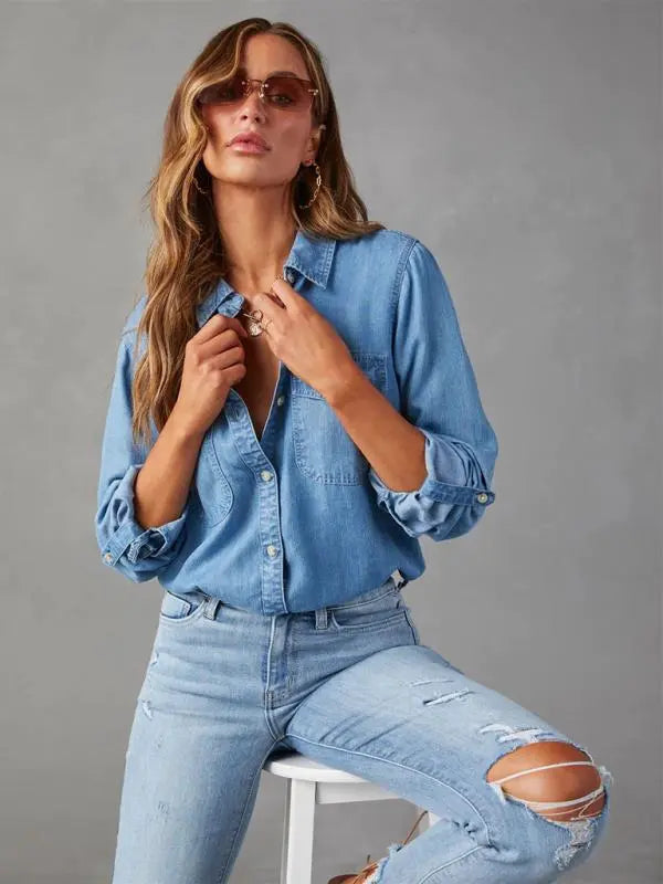 Casual lapel single-breasted long-sleeved denim shirt kakaclo