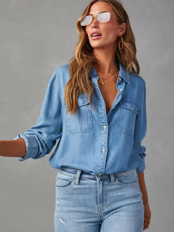 Casual lapel single-breasted long-sleeved denim shirt kakaclo