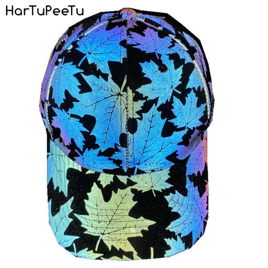 Cool Rainbow Reflective Light Baseball Cap Unisex Maple Leaf Adjustable Hip Hop Rock Hats Snapback Women Men Club Hat Streetwear Streetsharks