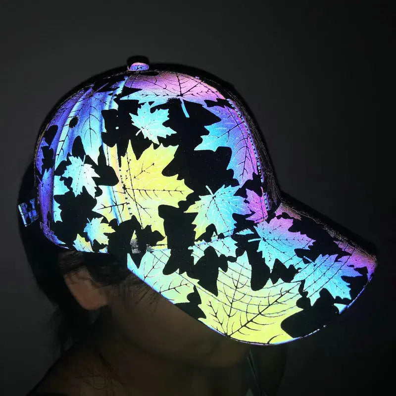 Cool Rainbow Reflective Light Baseball Cap Unisex Maple Leaf Adjustable Hip Hop Rock Hats Snapback Women Men Club Hat Streetwear Streetsharks