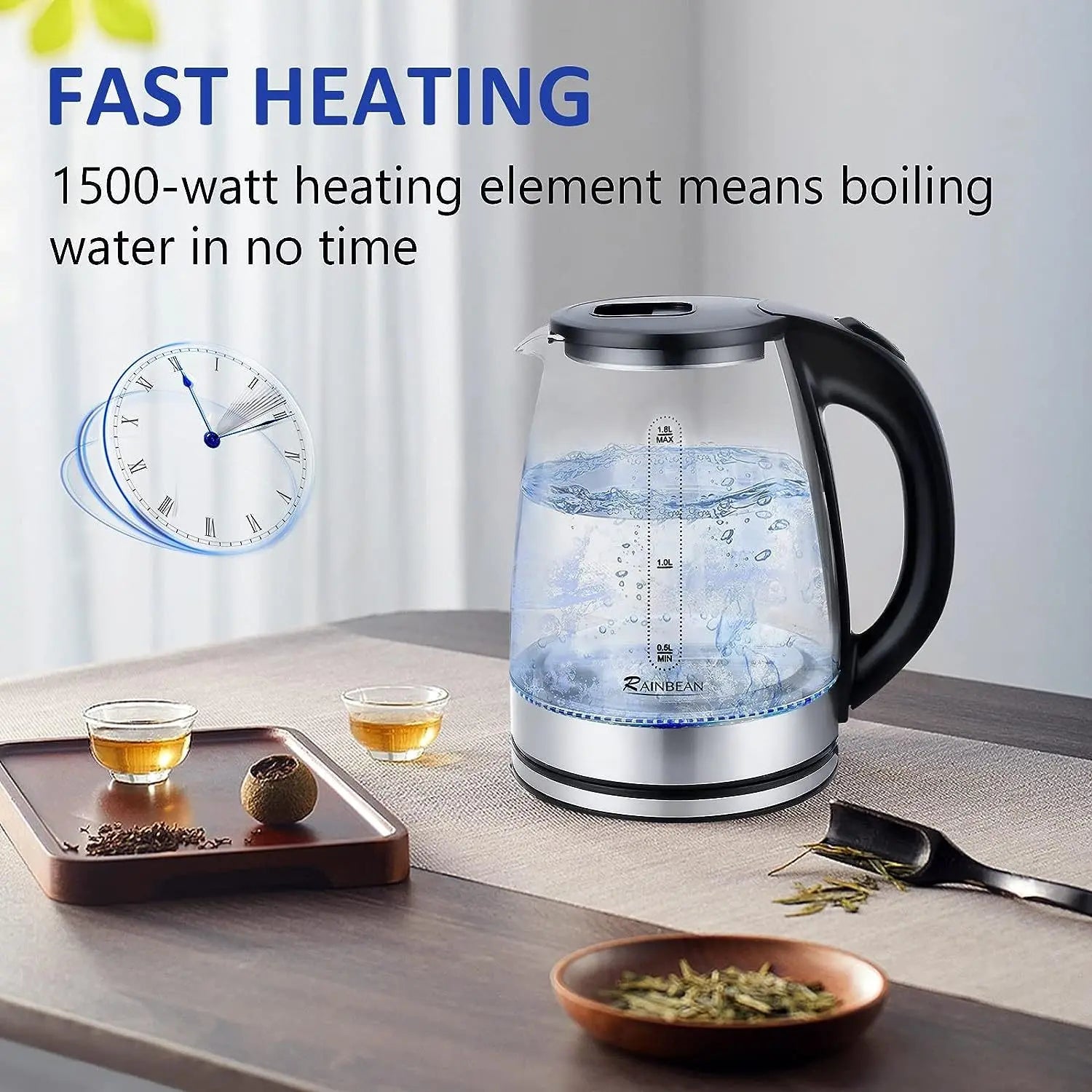 Electric Kettle Water Boiler, 1.8L Electric Tea Kettle, Wide Opening Hot Water Boiler With LED Light, Auto Shut-Off & Boil Dry Protection, Glass Black StreetSharks