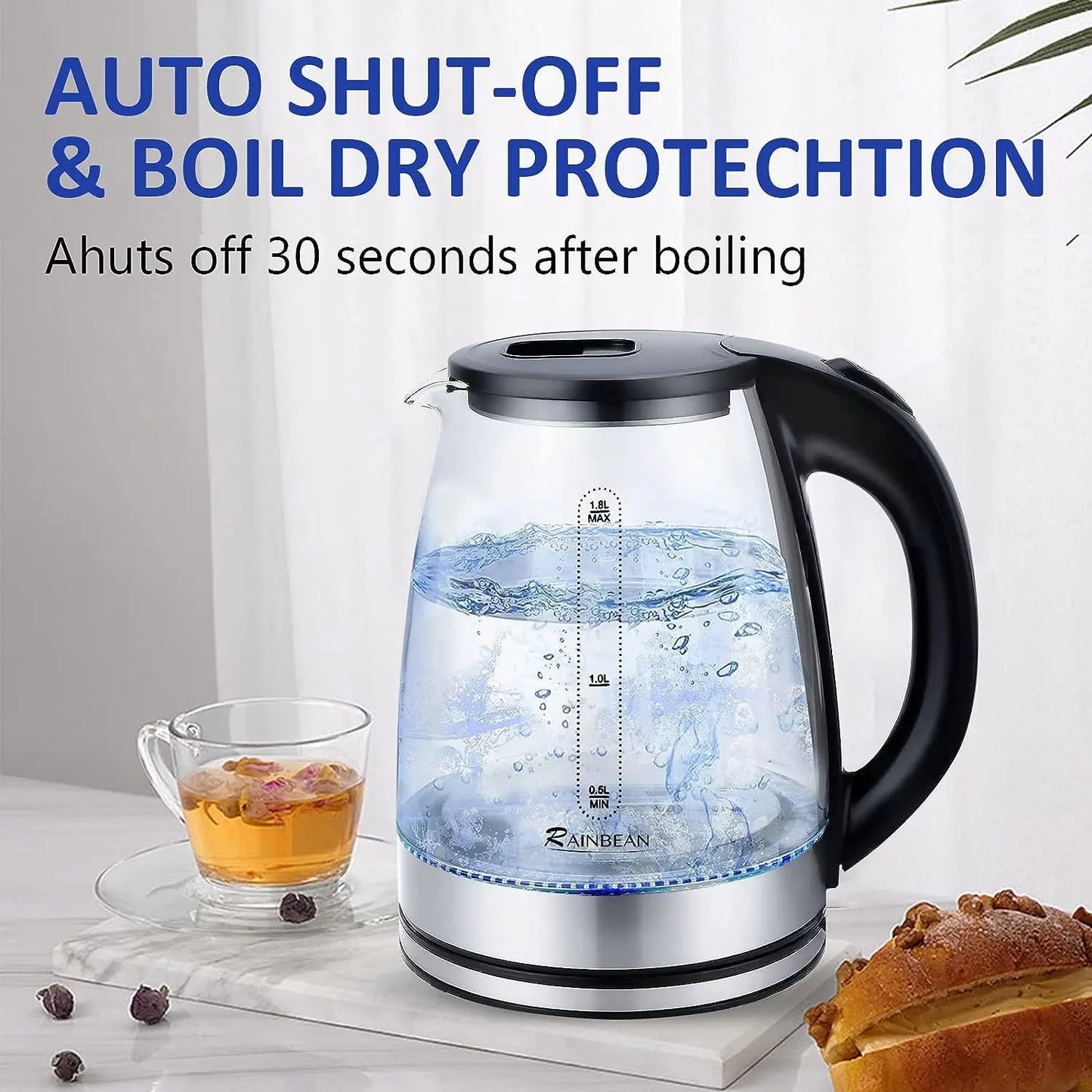 Electric Kettle Water Boiler, 1.8L Electric Tea Kettle, Wide Opening Hot Water Boiler With LED Light, Auto Shut-Off & Boil Dry Protection, Glass Black StreetSharks