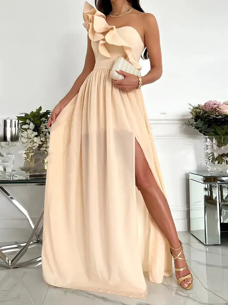 Elegant Dress Summer Sexy Slit Maxi Dress Ladies Off Shoulder Diagonal collar Pleated Evening Dress Solid Sleeveless RufflE -  Streetsharks