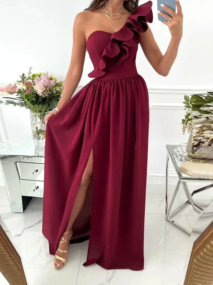 Elegant Dress Summer Sexy Slit Maxi Dress Ladies Off Shoulder Diagonal collar Pleated Evening Dress Solid Sleeveless RufflE -  Streetsharks