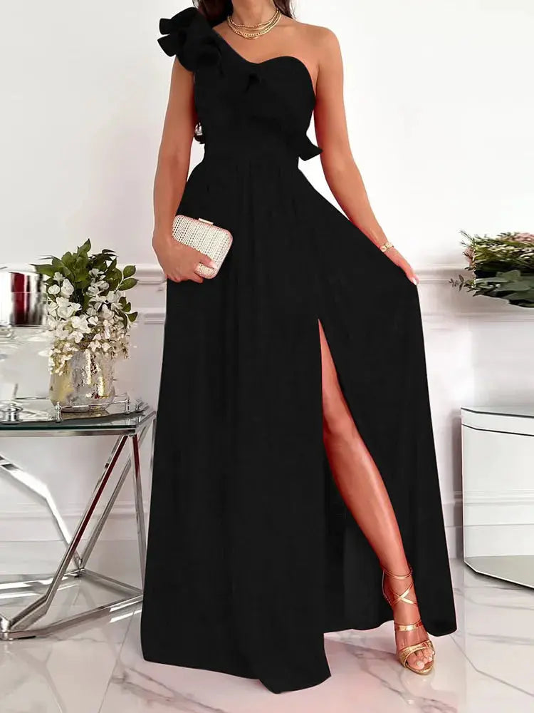 Elegant Dress Summer Sexy Slit Maxi Dress Ladies Off Shoulder Diagonal collar Pleated Evening Dress Solid Sleeveless RufflE -  Streetsharks