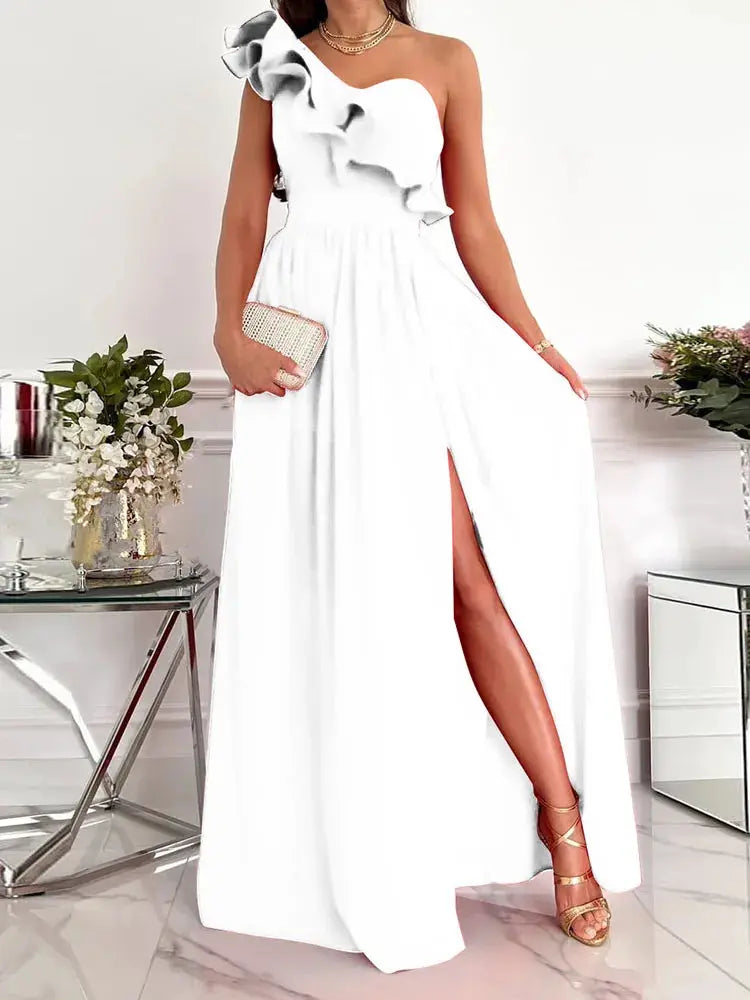 Elegant Dress Summer Sexy Slit Maxi Dress Ladies Off Shoulder Diagonal collar Pleated Evening Dress Solid Sleeveless RufflE -  Streetsharks