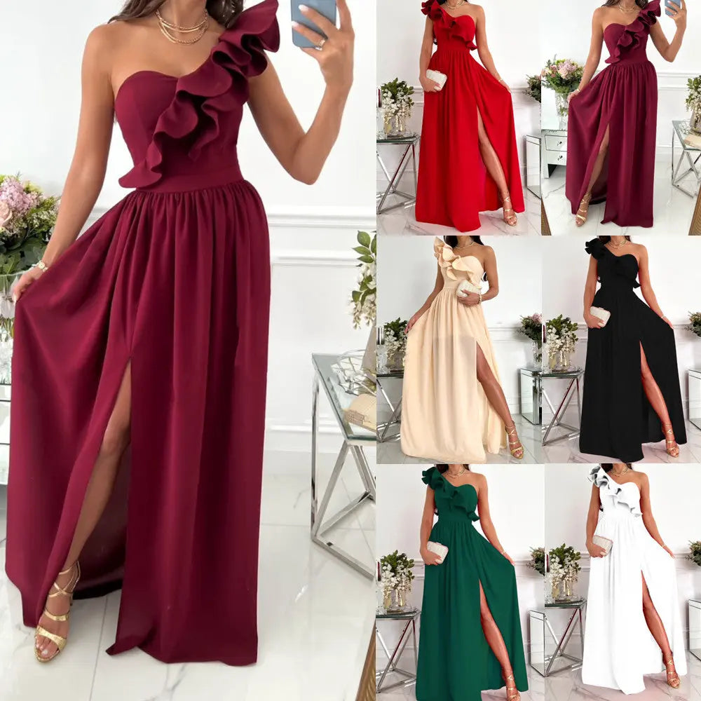 Elegant Dress Summer Sexy Slit Maxi Dress Ladies Off Shoulder Diagonal collar Pleated Evening Dress Solid Sleeveless RufflE Streetsharks