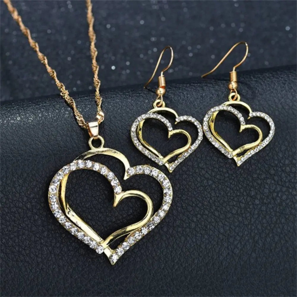 Exquisite Double Heart Necklace Earrings Gifts Streetsharks