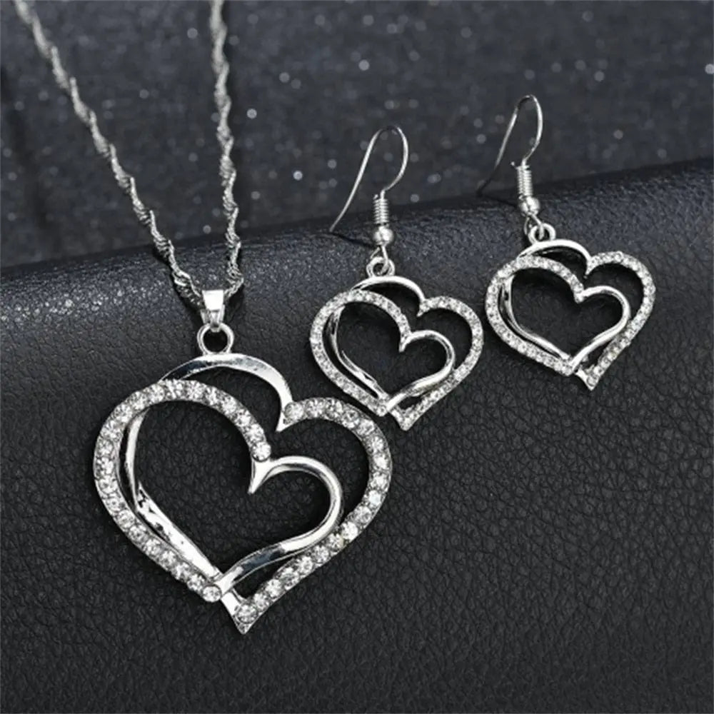 Exquisite Double Heart Necklace Earrings Gifts Streetsharks