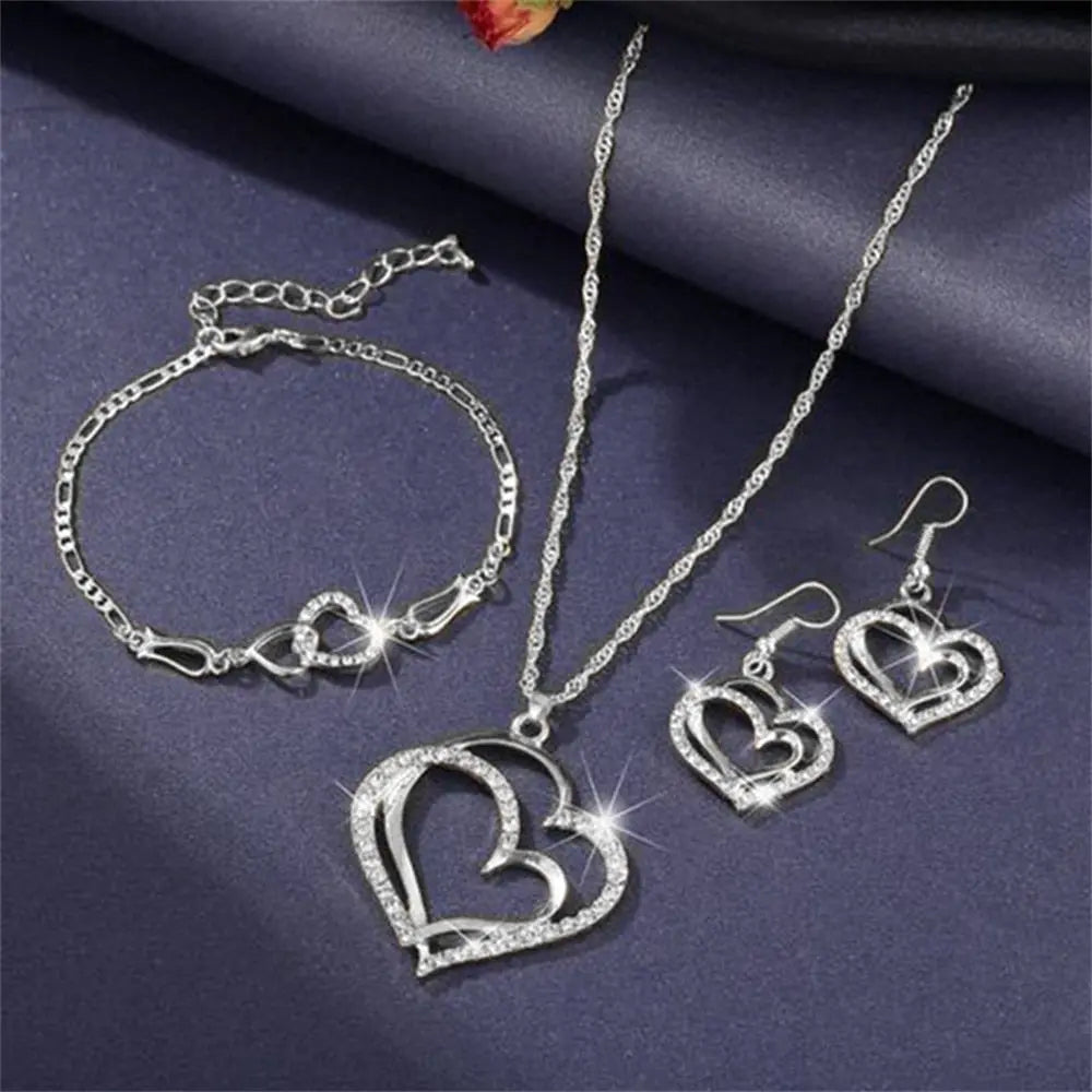 Exquisite Double Heart Necklace Earrings Gifts Streetsharks