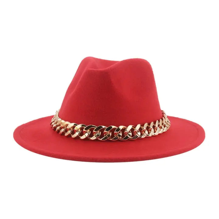 Fedora Hats for Women Men Wide Brim Thick Gold Chain Band Felted Hat Jazz Cap Winter Autumn Panama Red Luxury Hat Chapeau Lemme Streetsharks