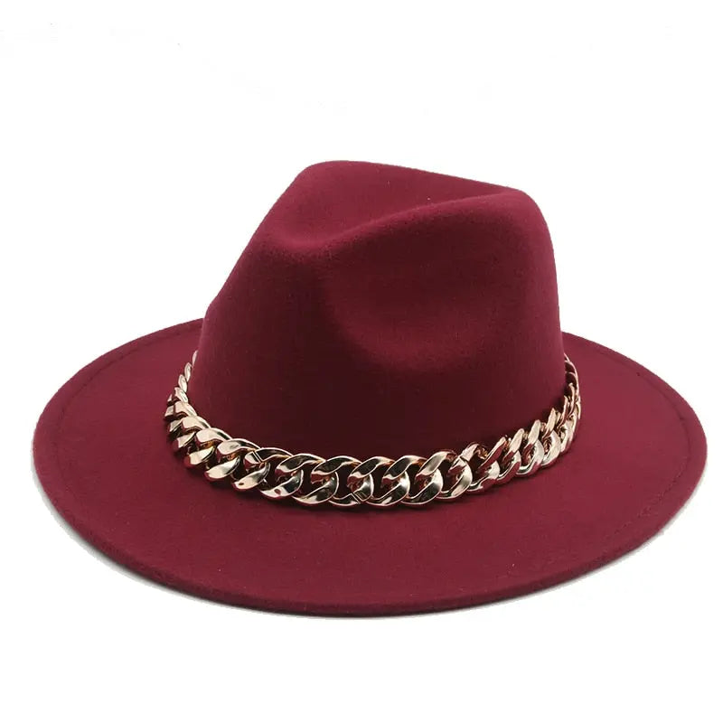 Fedora Hats for Women Men Wide Brim Thick Gold Chain Band Felted Hat Jazz Cap Winter Autumn Panama Red Luxury Hat Chapeau Lemme Streetsharks