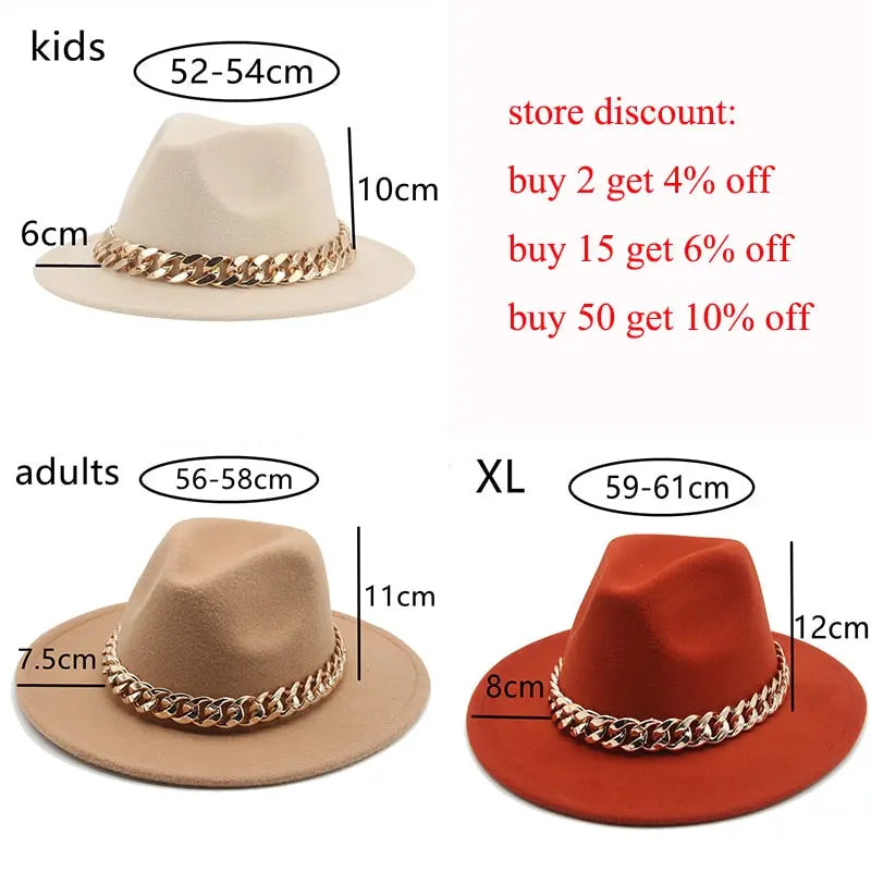 Fedora Hats for Women Men Wide Brim Thick Gold Chain Band Felted Hat Jazz Cap Winter Autumn Panama Red Luxury Hat Chapeau Lemme Streetsharks