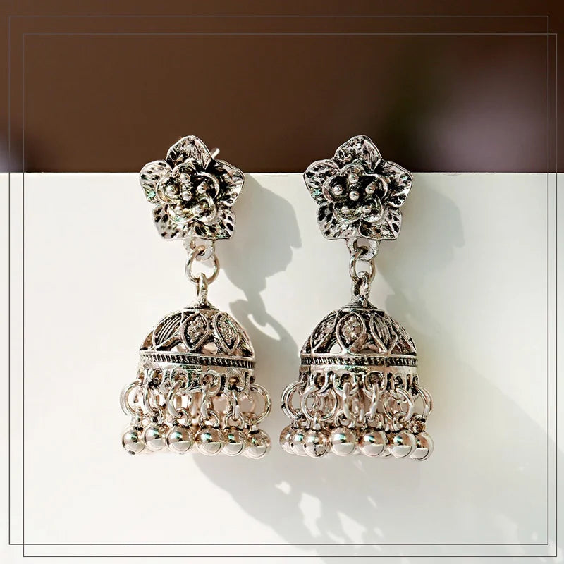 Ethnic Silver Color Flower Indian Jhumka Earrings Women Bohemian Retro Tassel Bell Tibetan Earrings Oorbellen Streetsharks