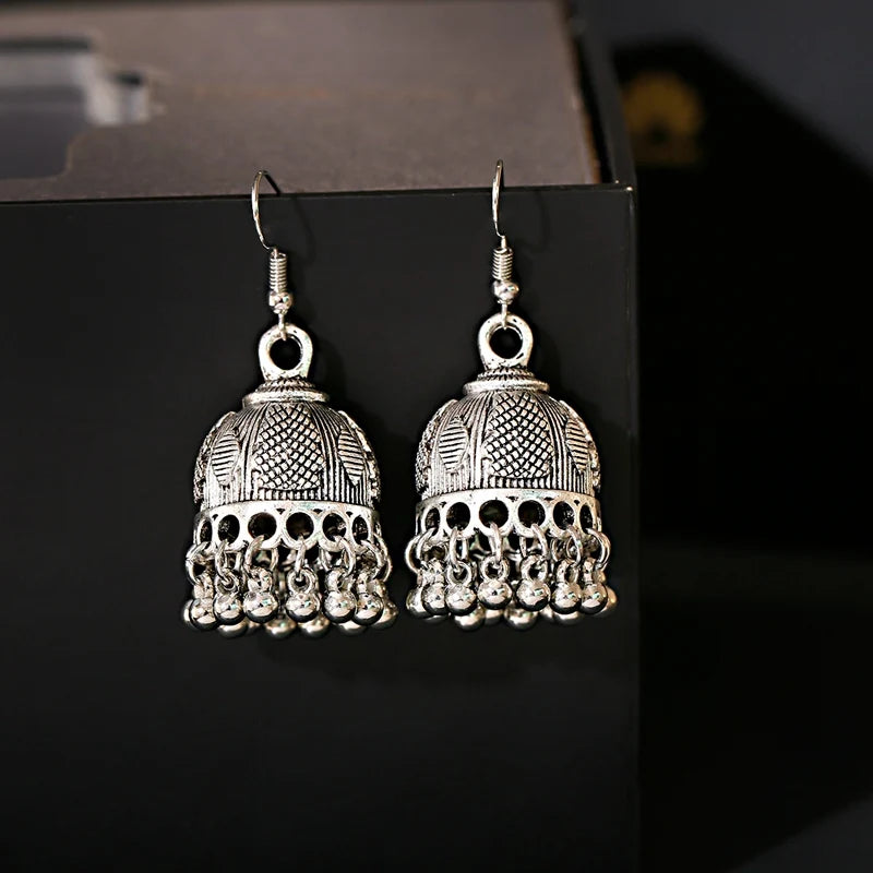 Ethnic Retro Silver Color Flower Alloy Tassel Dangle Earrings For Women's Indian Jhumka Earrings Turkey Bijoux Streetsharks