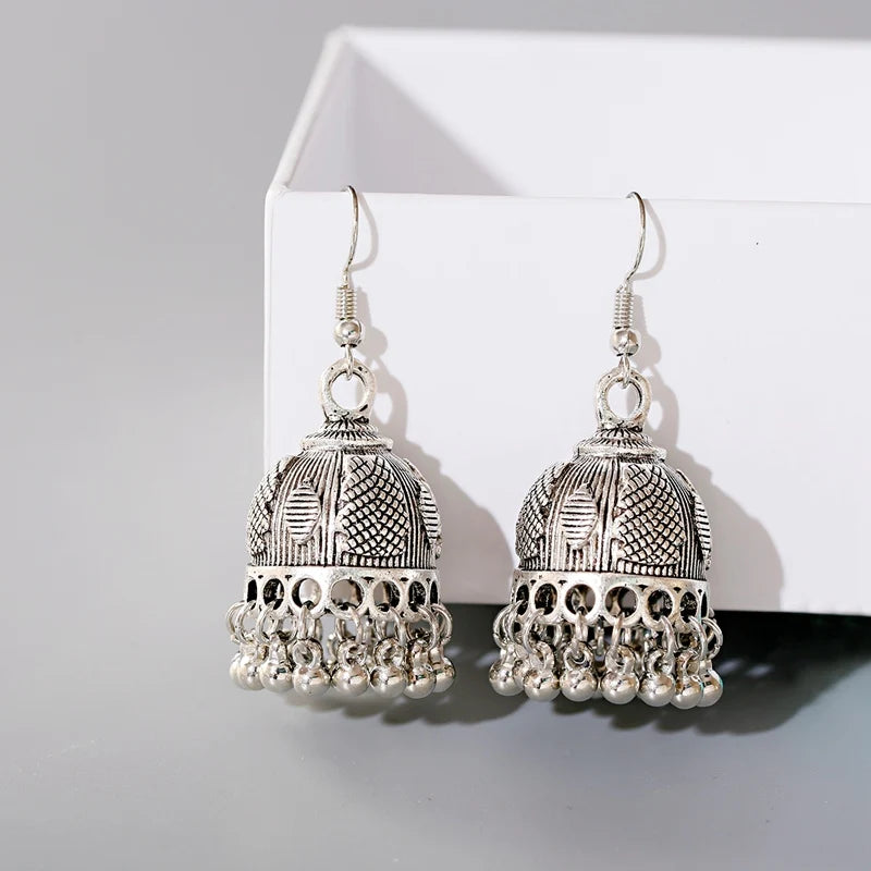 Ethnic Retro Silver Color Flower Alloy Tassel Dangle Earrings For Women's Indian Jhumka Earrings Turkey Bijoux Streetsharks