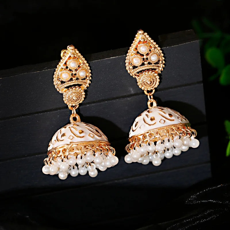 Ethnic Retro Geometric Turkish Jhumka Earrings For Women Indian Jewelry Flower Gold Color Bell Tassel Dangling Earrings Streetsharks