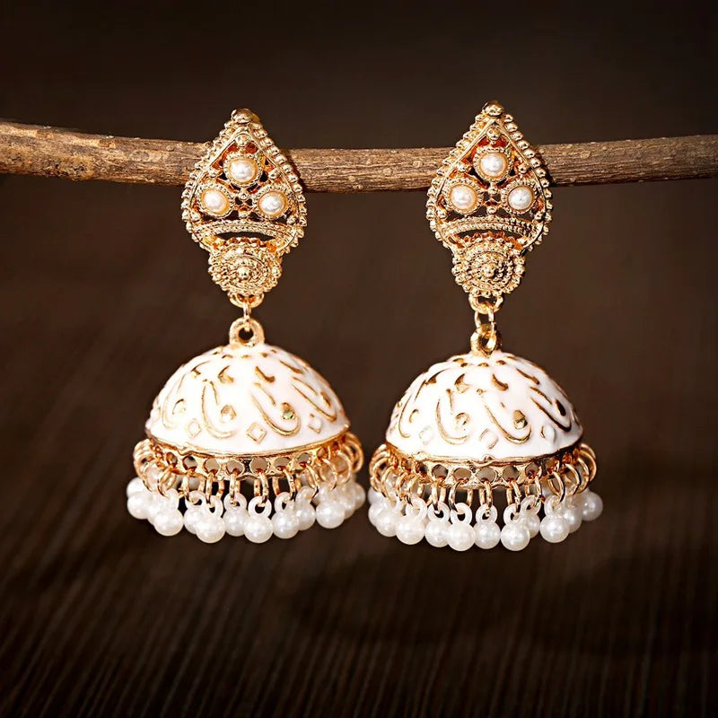 Ethnic Retro Geometric Turkish Jhumka Earrings For Women Indian Jewelry Flower Gold Color Bell Tassel Dangling Earrings Streetsharks