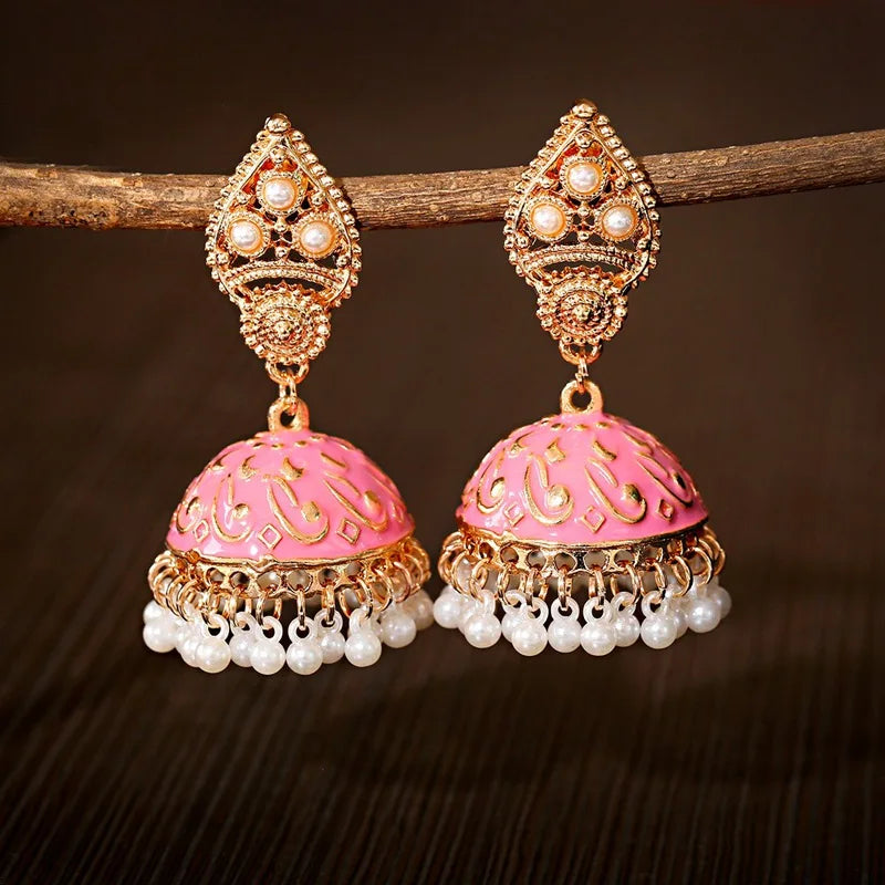 Ethnic Retro Geometric Turkish Jhumka Earrings For Women Indian Jewelry Flower Gold Color Bell Tassel Dangling Earrings Streetsharks