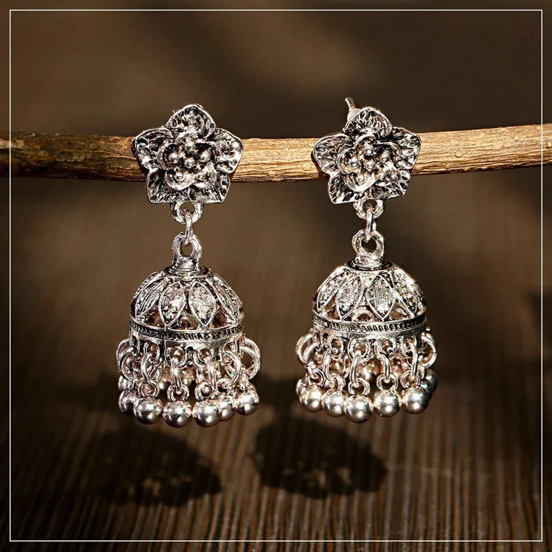 Ethnic Silver Color Flower Indian Jhumka Earrings Women Bohemian Retro Tassel Bell Tibetan Earrings Oorbellen Streetsharks