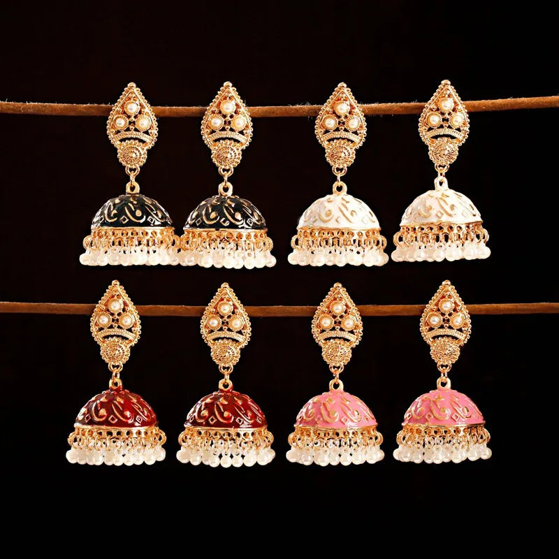 Ethnic Retro Geometric Turkish Jhumka Earrings For Women Indian Jewelry Flower Gold Color Bell Tassel Dangling Earrings Streetsharks