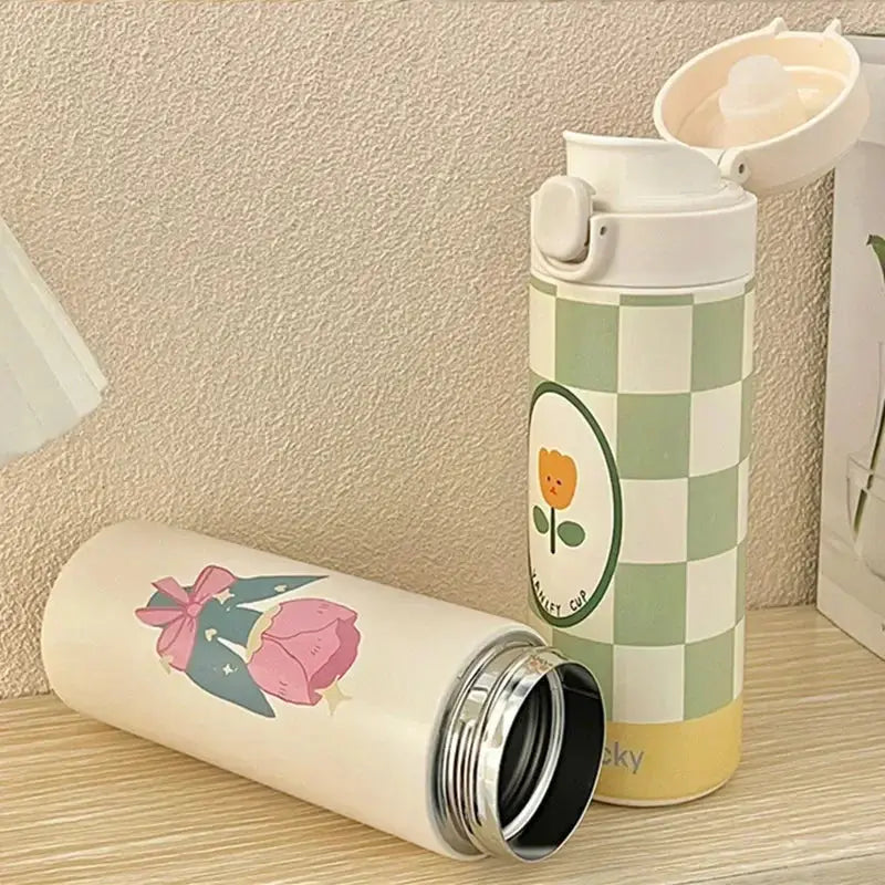 Ins 500ml Stainless Steel Thermal Cup Bouncing Cover Milk Tea Coffee Mug Leak-Proof Thermos Mug Travel Water Bottle for Gifts Streetsharks