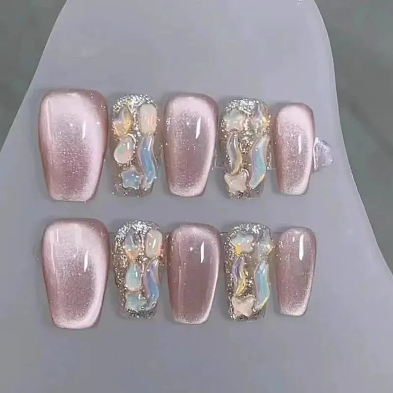 Jasmine scented pink diamond handmade manicure nails pink light luxury cat eye cute high-end short style sweet Streetsharks