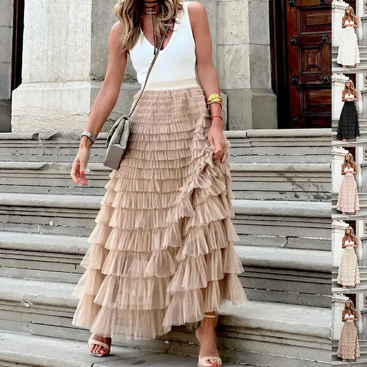 Layered Ruffles Cake Skirt Summer Fashion A Line Swing Mesh Long Skirt Party Dress Women Streetsharks