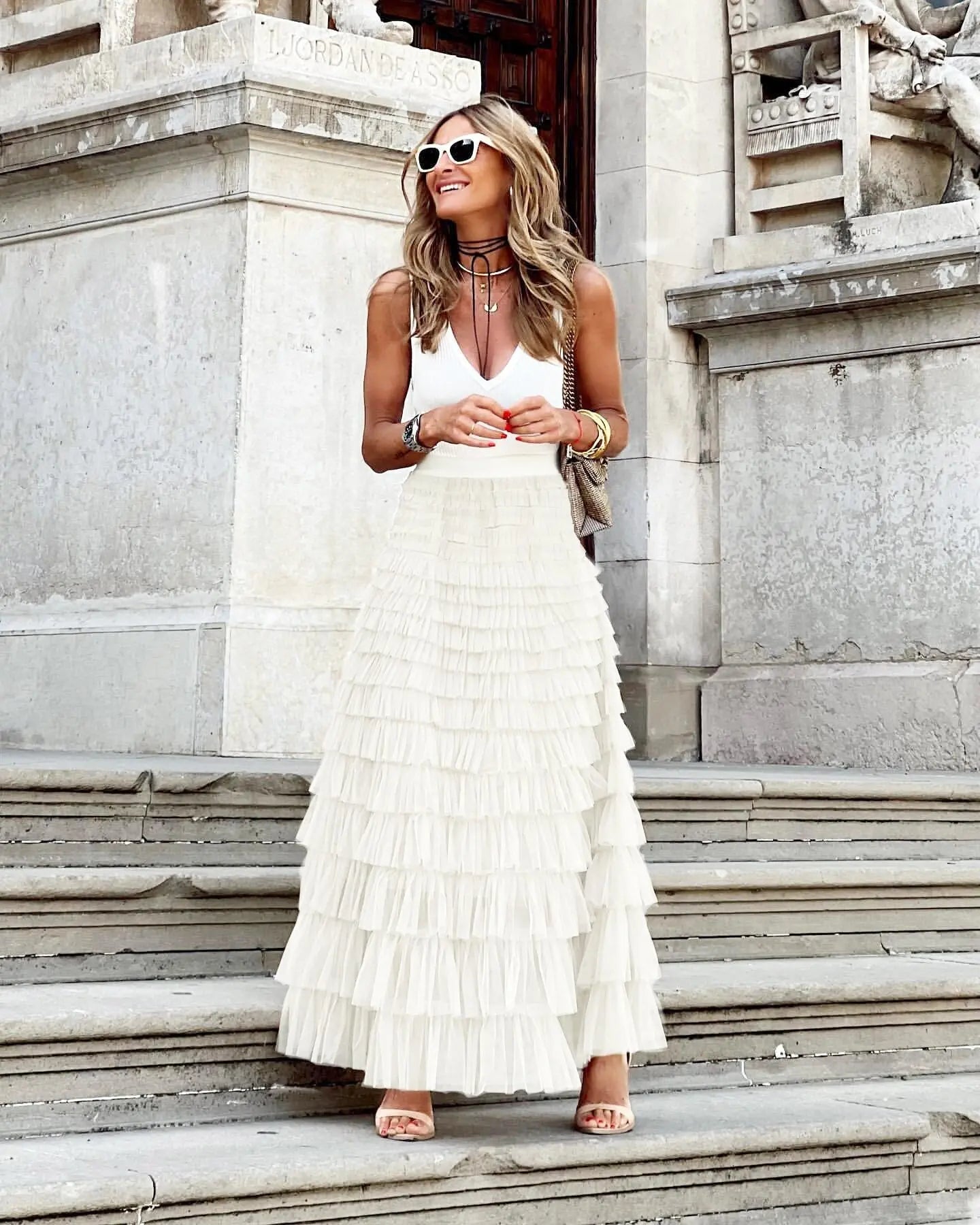 Layered Ruffles Cake Skirt Summer Fashion A Line Swing Mesh Long Skirt Party Dress Women Streetsharks