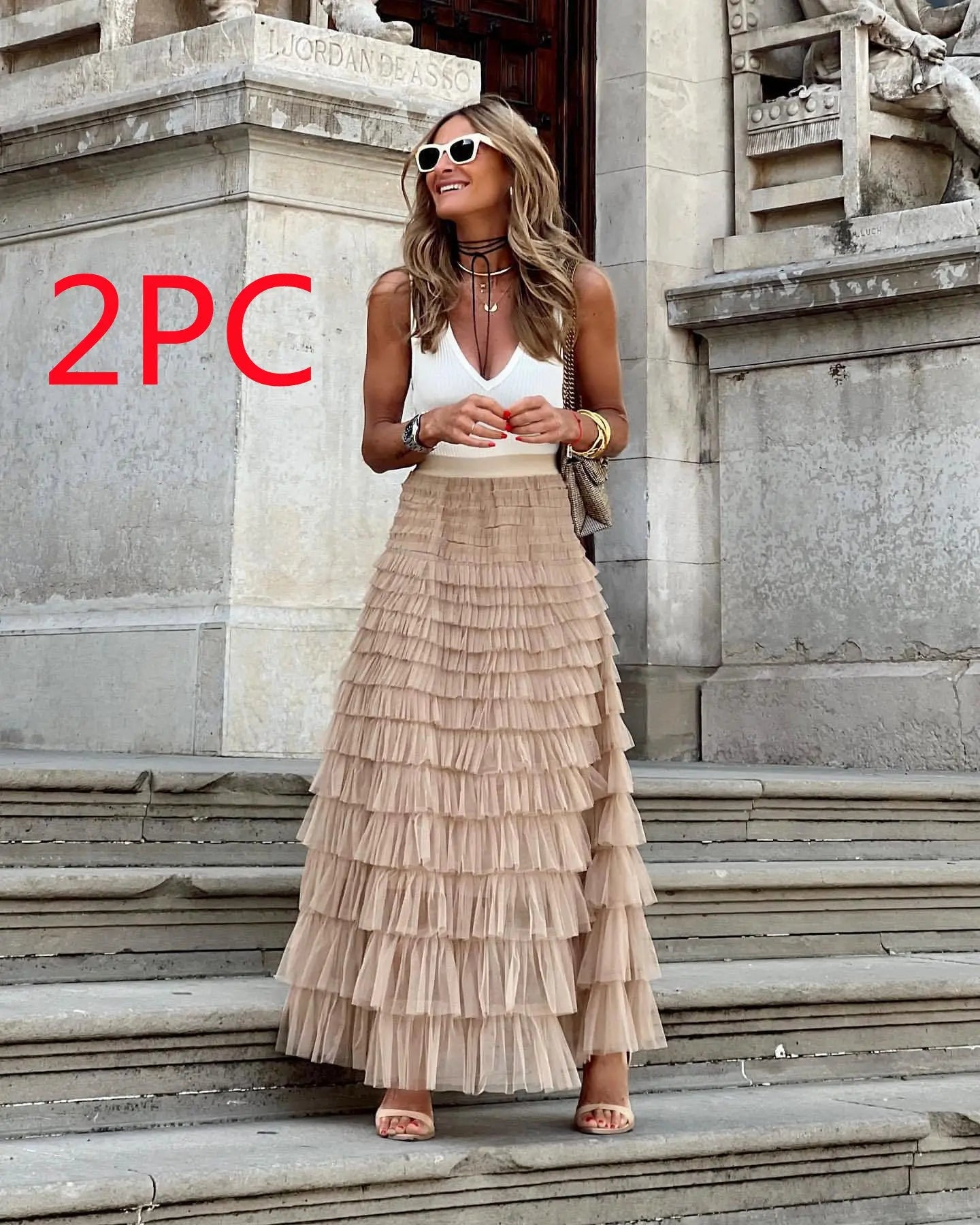 Layered Ruffles Cake Skirt Summer Fashion A Line Swing Mesh Long Skirt Party Dress Women Streetsharks