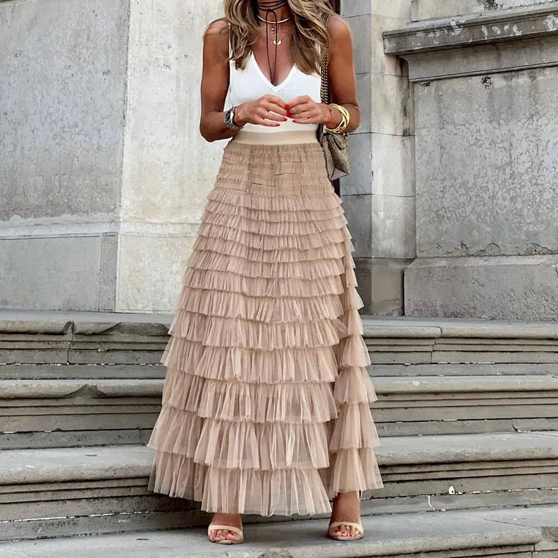 Layered Ruffles Cake Skirt Summer Fashion A Line Swing Mesh Long Skirt Party Dress Women Streetsharks