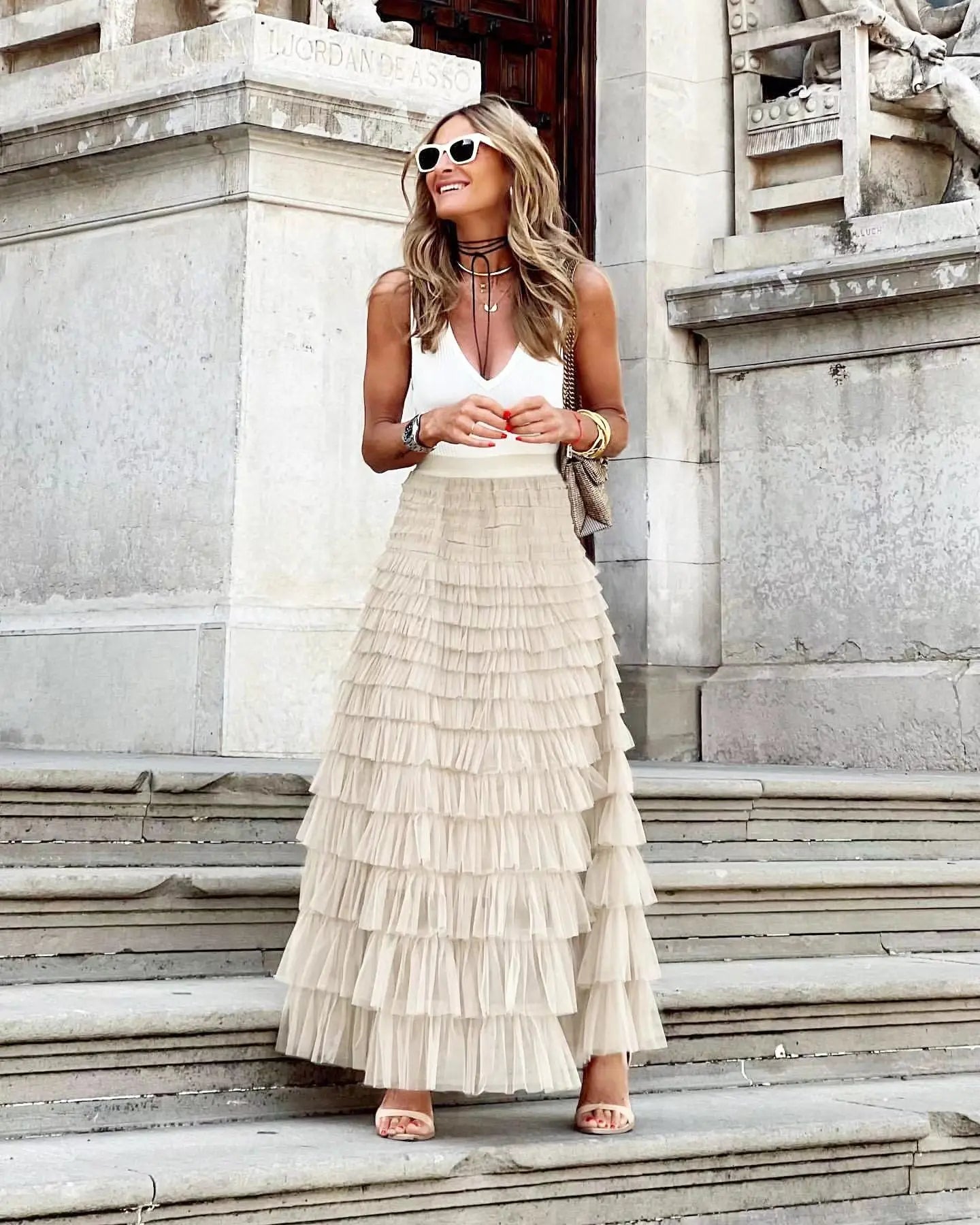 Layered Ruffles Cake Skirt Summer Fashion A Line Swing Mesh Long Skirt Party Dress Women Streetsharks