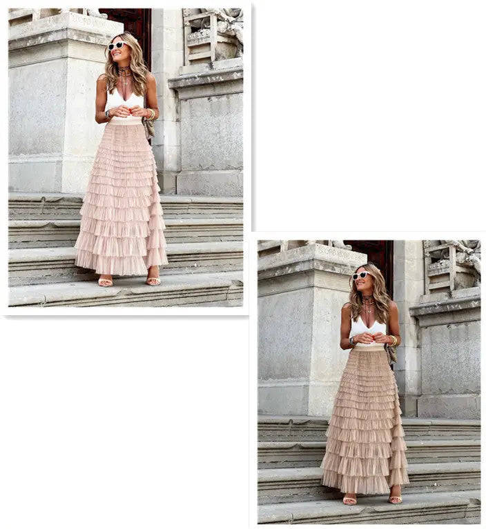 Layered Ruffles Cake Skirt Summer Fashion A Line Swing Mesh Long Skirt Party Dress Women Streetsharks