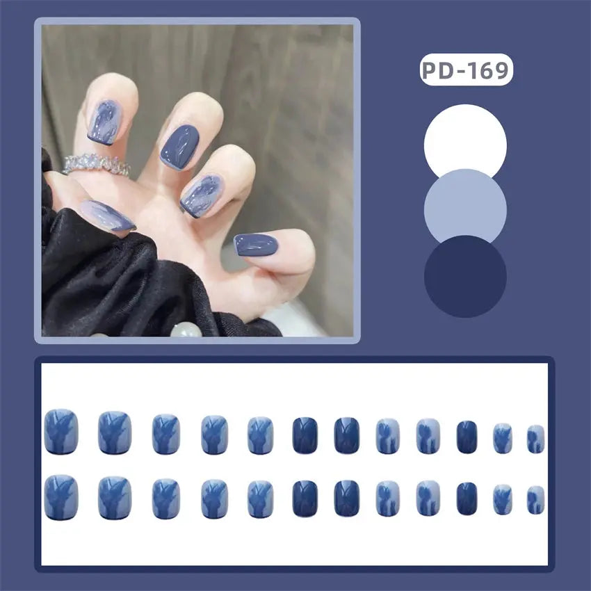 24Pcs/Lot Blue Halo Short Fake Nails Art Full Cover Press on Acrylic Nail Tips Removable Reusable Wearing False Nails Supplies Streetsharks