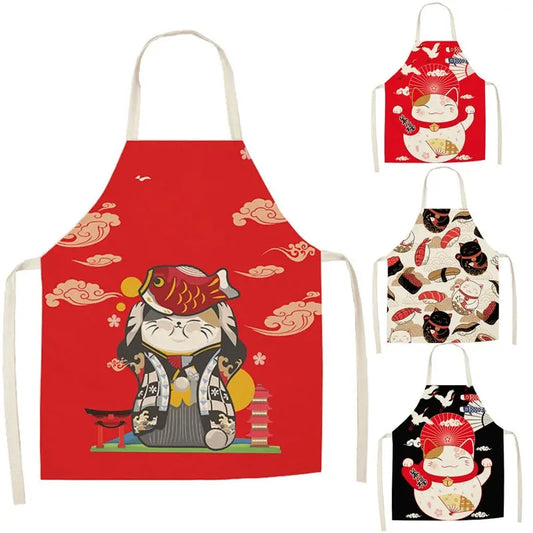 Lucky Cat Apron Kitchen Aprons for Women Cotton Linen Bibs Household Streetsharks