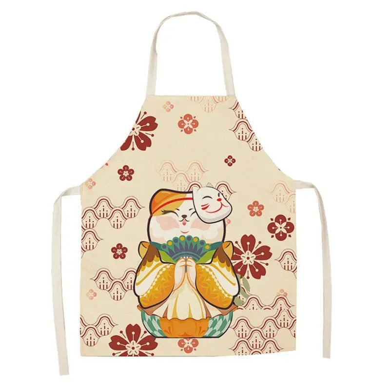 Lucky Cat Apron Kitchen Aprons for Women Cotton Linen Bibs Household Streetsharks